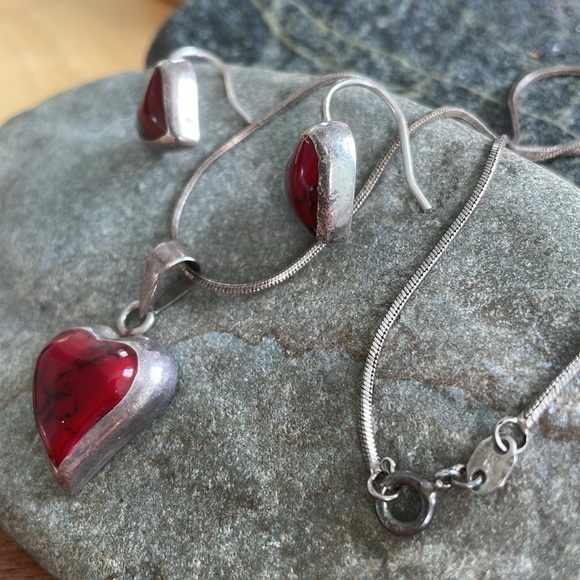 Red Heart Jasper Sterling Earrings and Necklace Mexico - Picture 7 of 12